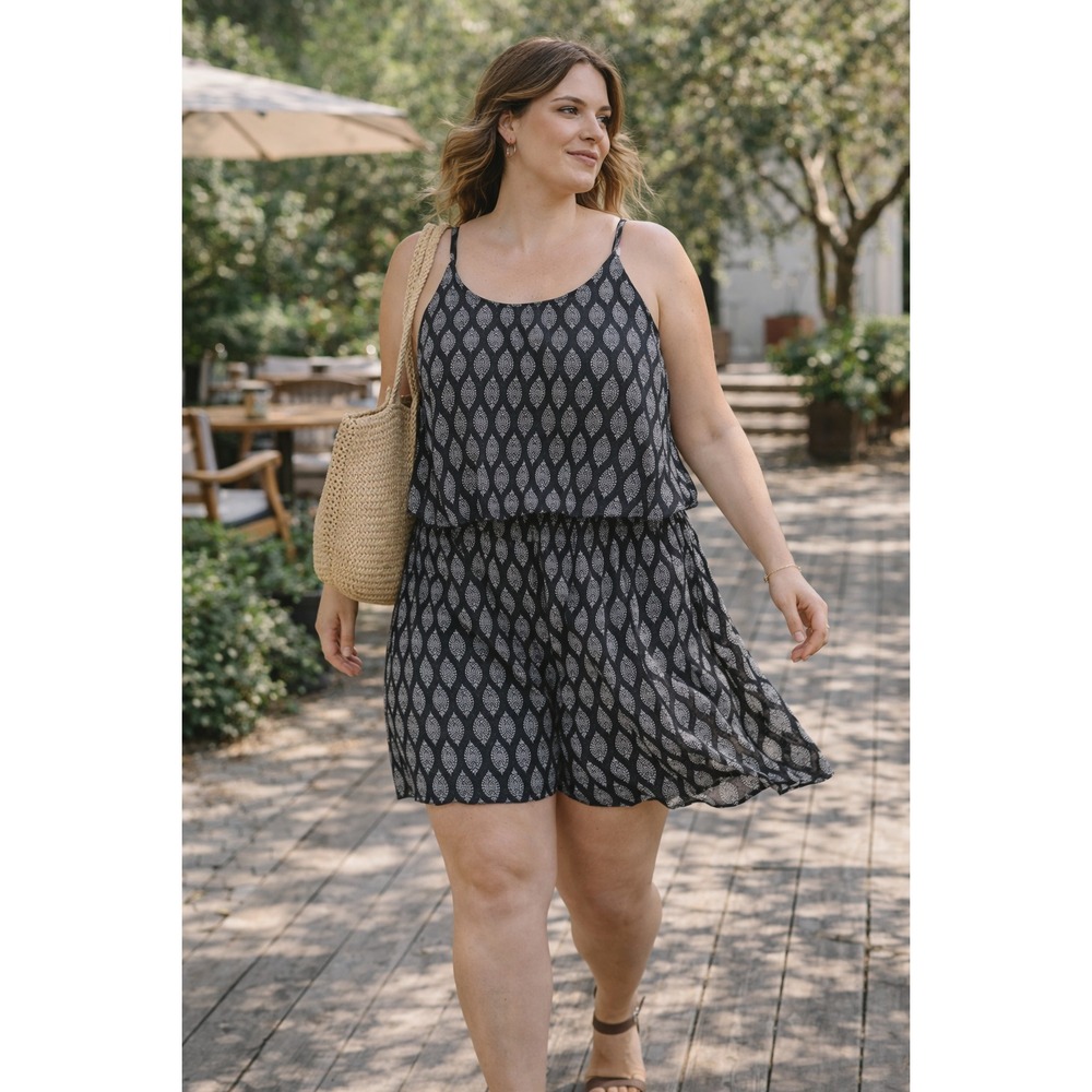 Women's XXL Boho Romper Black & White | Flowy Relaxed Summer‎ Jumpsuit